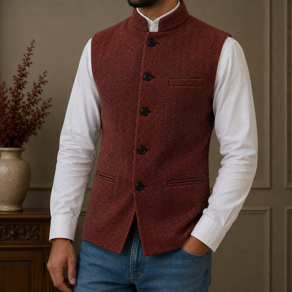 Herrenweste mit Fischgrätmuster und Stehkragen-Vests for men-Alpenkind