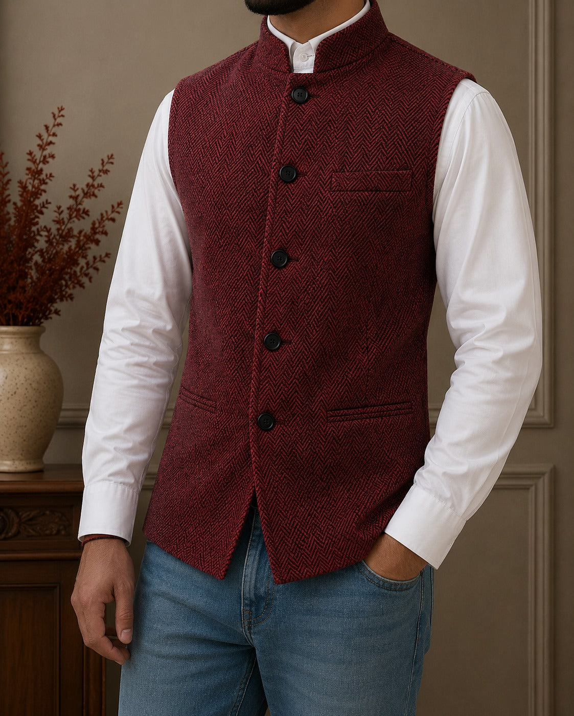 Herrenweste mit Fischgrätmuster und Stehkragen-Vests for men-Alpenkind