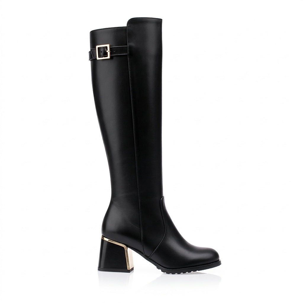 Kniehohe Damenstiefel mit Schnallendetail und Blockabsatz-Footwear for women-Alpenkind