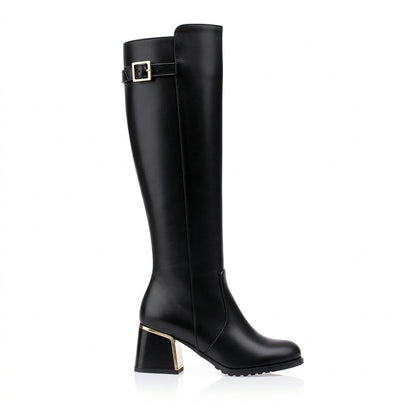 Kniehohe Damenstiefel mit Schnallendetail und Blockabsatz-Footwear for women-Alpenkind