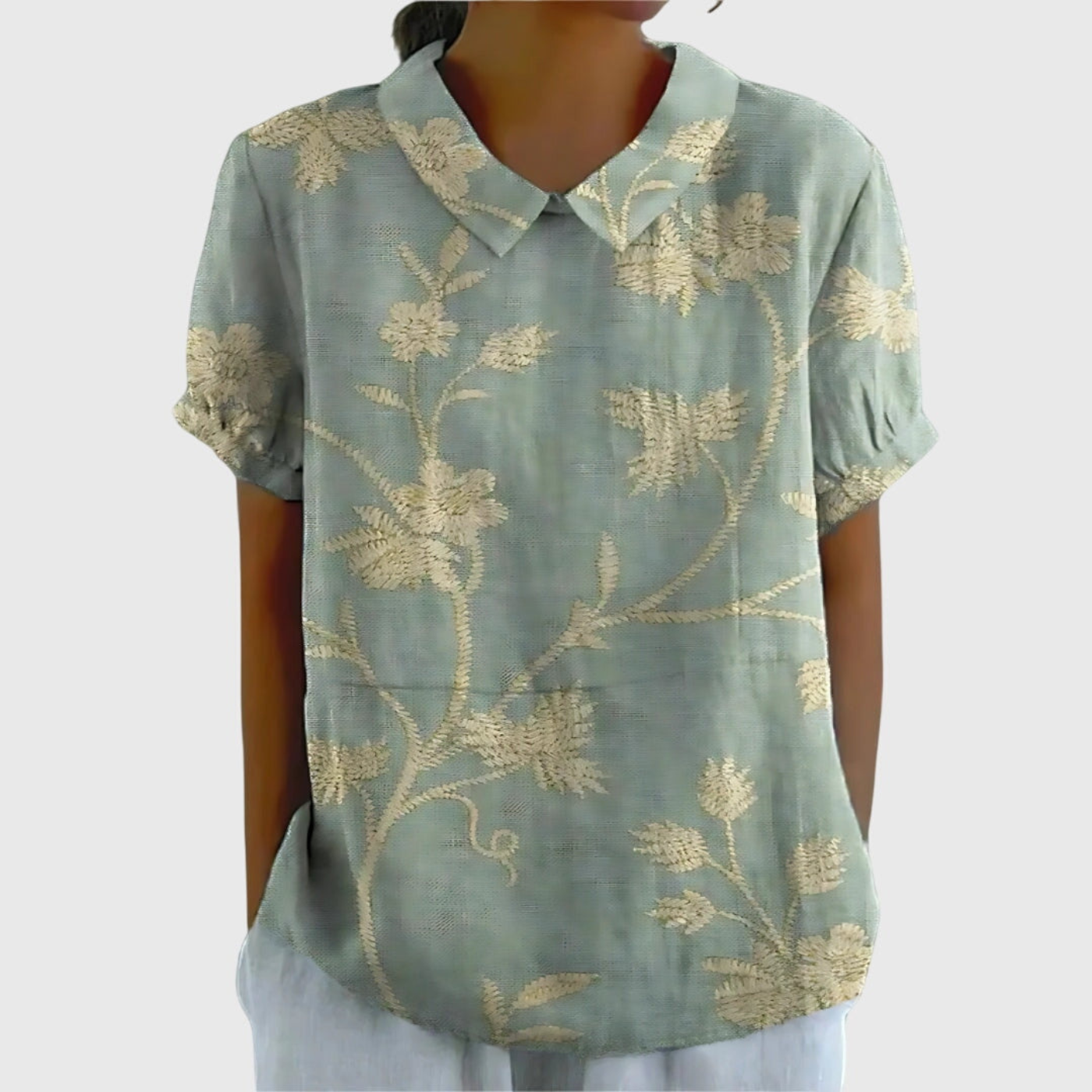 Kurzärmelige Damenbluse mit Blumenmuster und Bubikragen-Blouses for women-Alpenkind