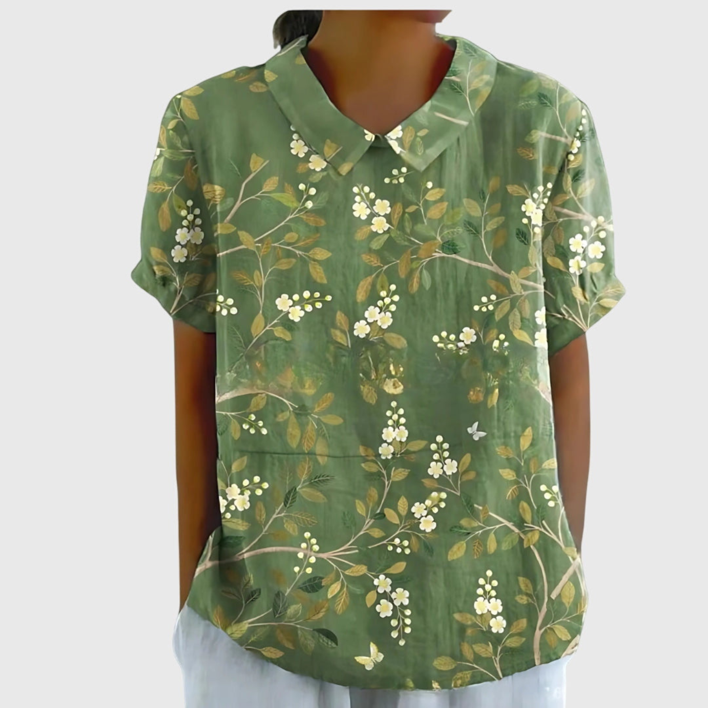 Kurzärmelige Damenbluse mit Blumenmuster und Bubikragen-Blouses for women-Alpenkind