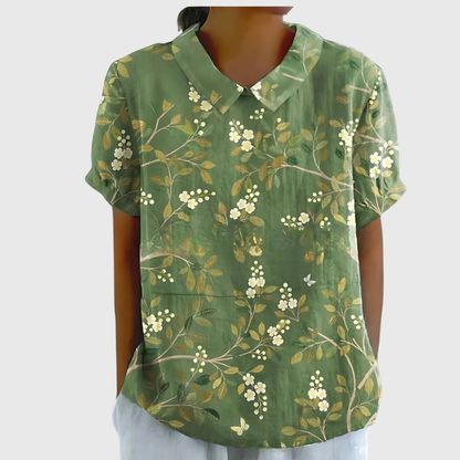 Kurzärmelige Damenbluse mit Blumenmuster und Bubikragen-Blouses for women-Alpenkind