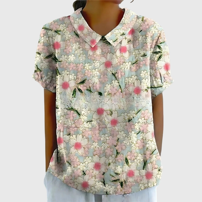 Kurzärmelige Damenbluse mit Blumenmuster und Bubikragen-Blouses for women-Alpenkind