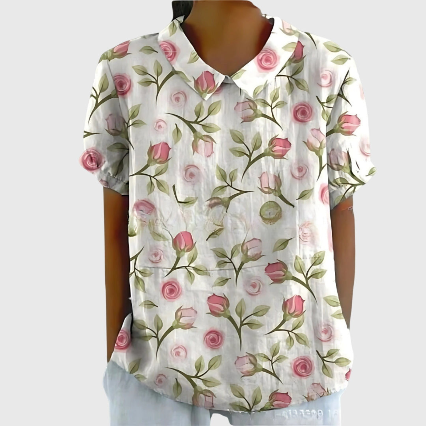 Kurzärmelige Damenbluse mit Blumenmuster und Bubikragen-Blouses for women-Alpenkind