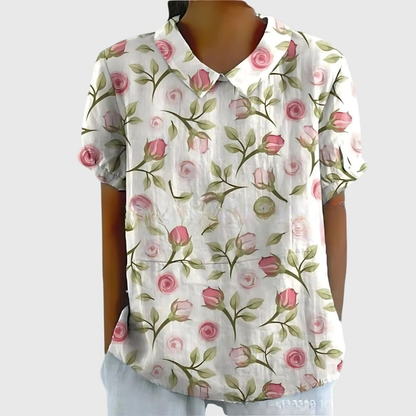 Kurzärmelige Damenbluse mit Blumenmuster und Bubikragen-Blouses for women-Alpenkind