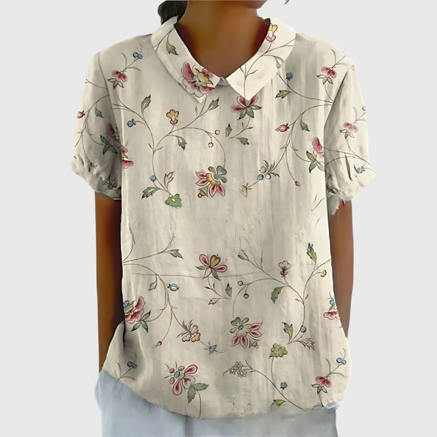 Kurzärmelige Damenbluse mit Blumenmuster und Bubikragen-Blouses for women-Alpenkind