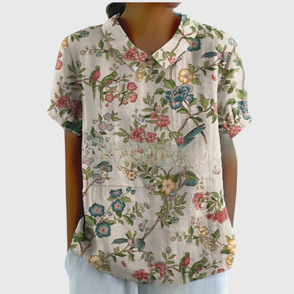 Kurzärmelige Damenbluse mit Blumenmuster und Bubikragen-Blouses for women-Alpenkind