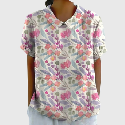 Kurzärmelige Damenbluse mit Blumenmuster und Bubikragen-Blouses for women-Alpenkind