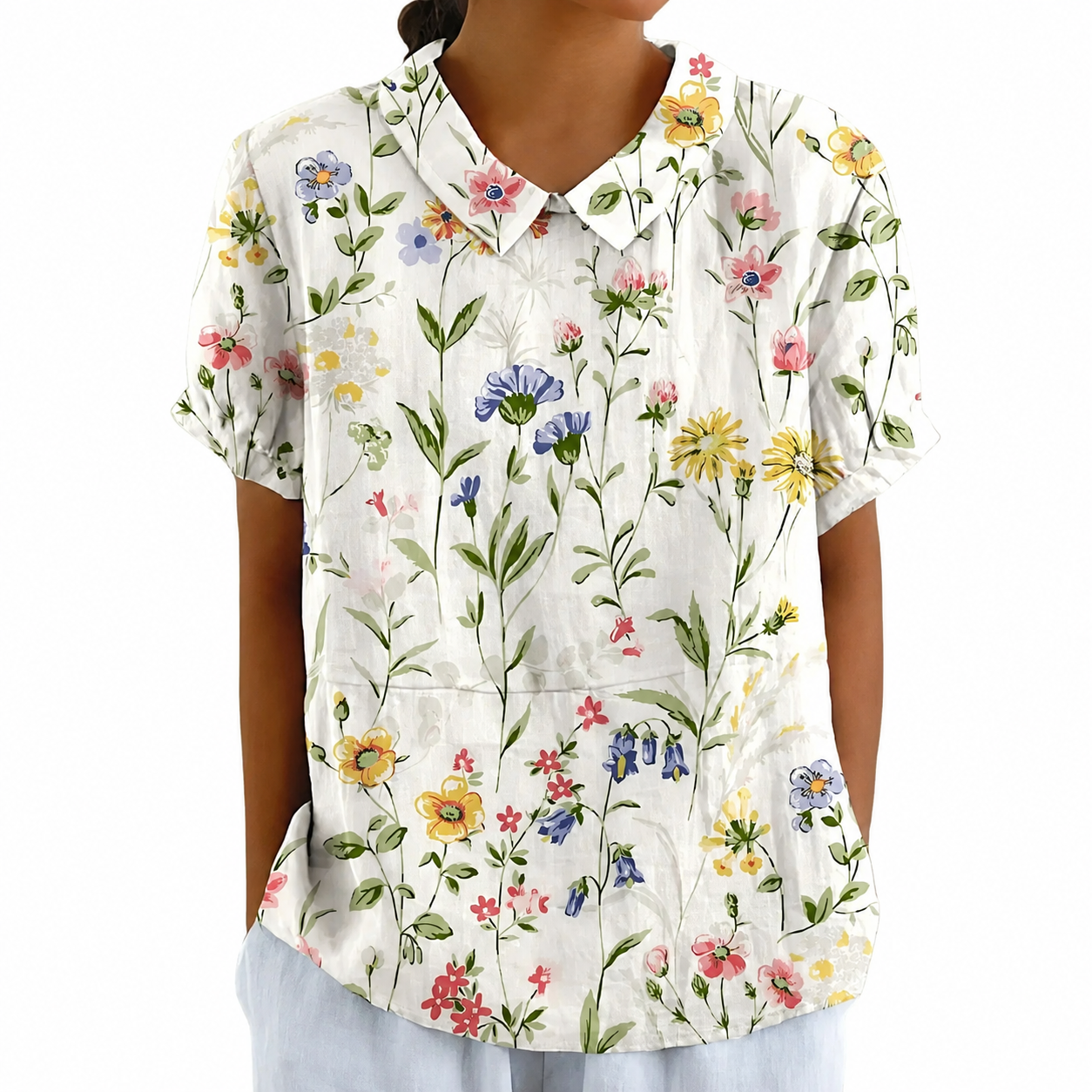 Kurzärmelige Damenbluse mit Blumenmuster und Bubikragen-Blouses for women-Alpenkind