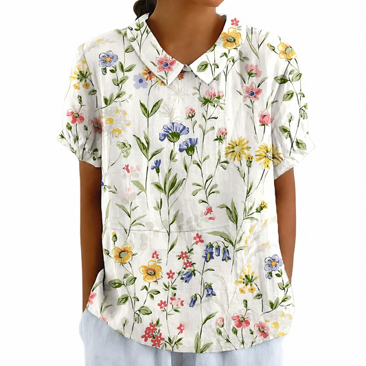 Kurzärmelige Damenbluse mit Blumenmuster und Bubikragen-Blouses for women-Alpenkind