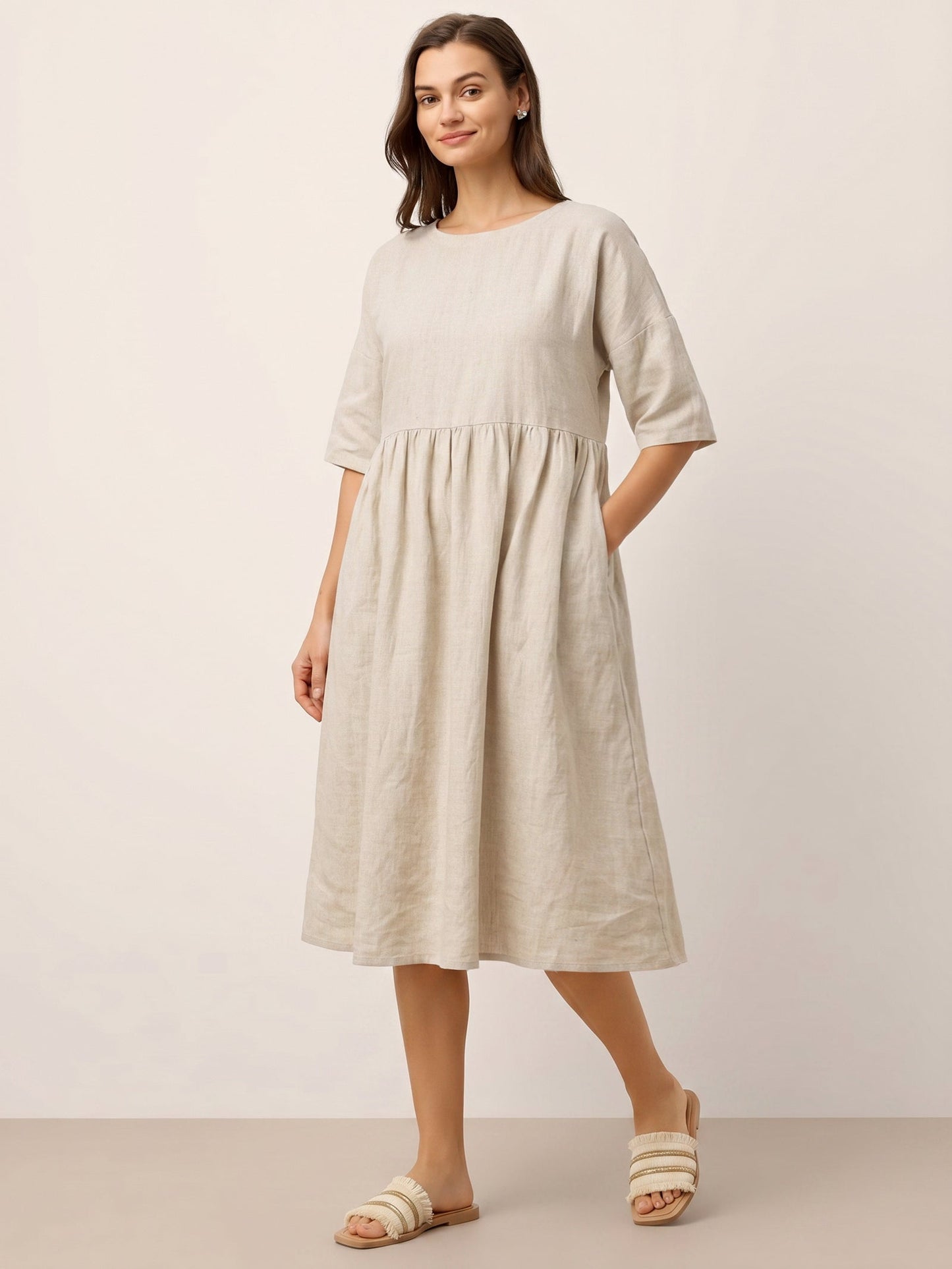 Kurzärmeliges Midi-Leinenkleid für Damen-Midi Dress-Alpenkind