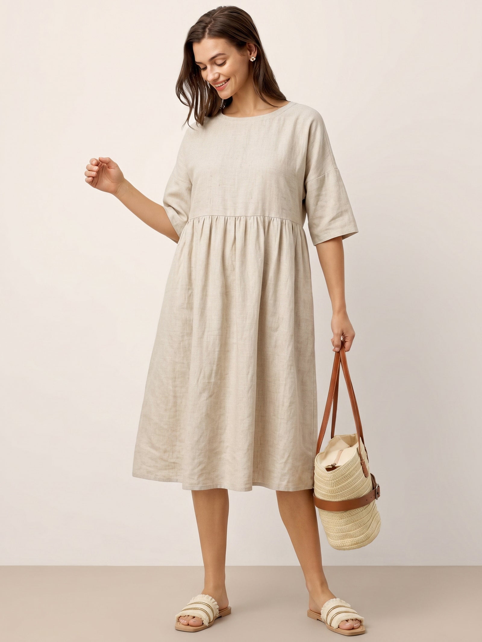 Kurzärmeliges Midi-Leinenkleid für Damen-Midi Dress-Alpenkind