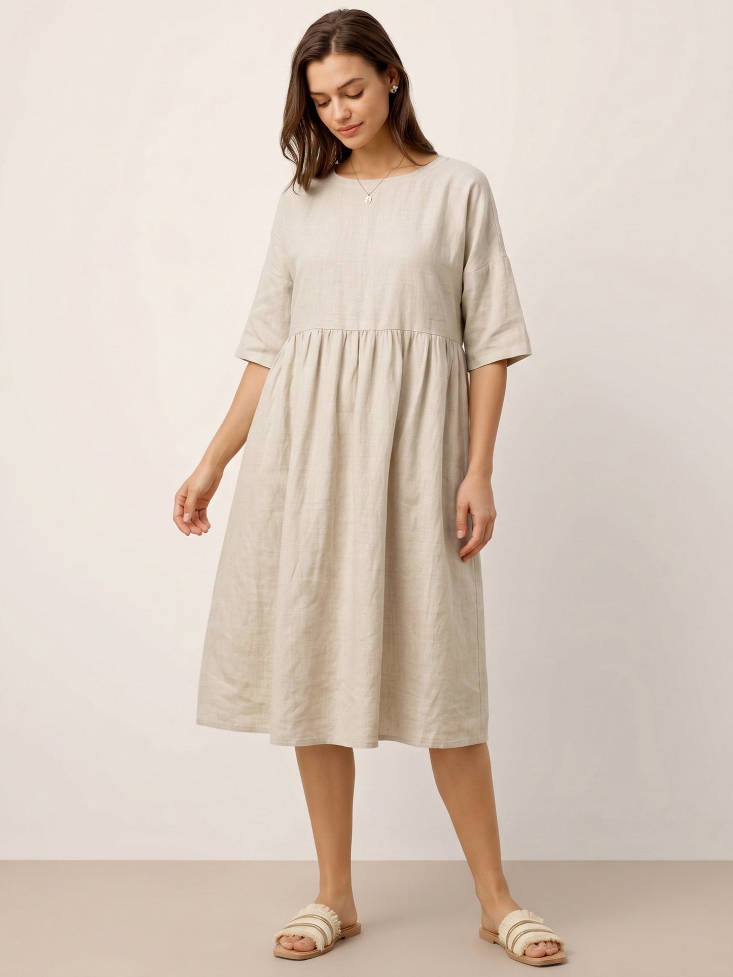 Kurzärmeliges Midi-Leinenkleid für Damen-Midi Dress-Alpenkind