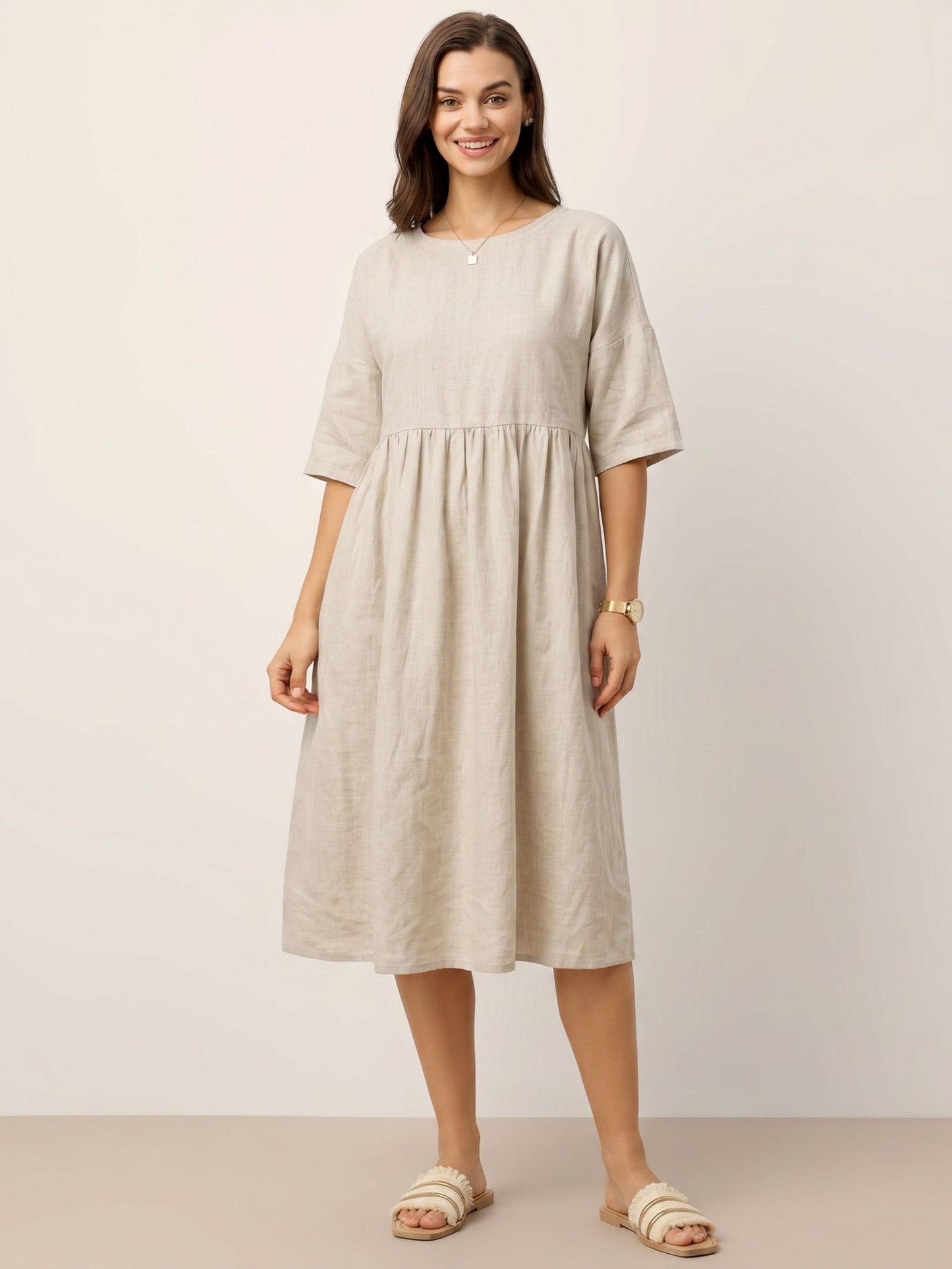 Kurzärmeliges Midi-Leinenkleid für Damen-Midi Dress-Alpenkind