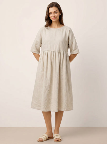 Kurzärmeliges Midi-Leinenkleid für Damen-Midi Dress-Alpenkind
