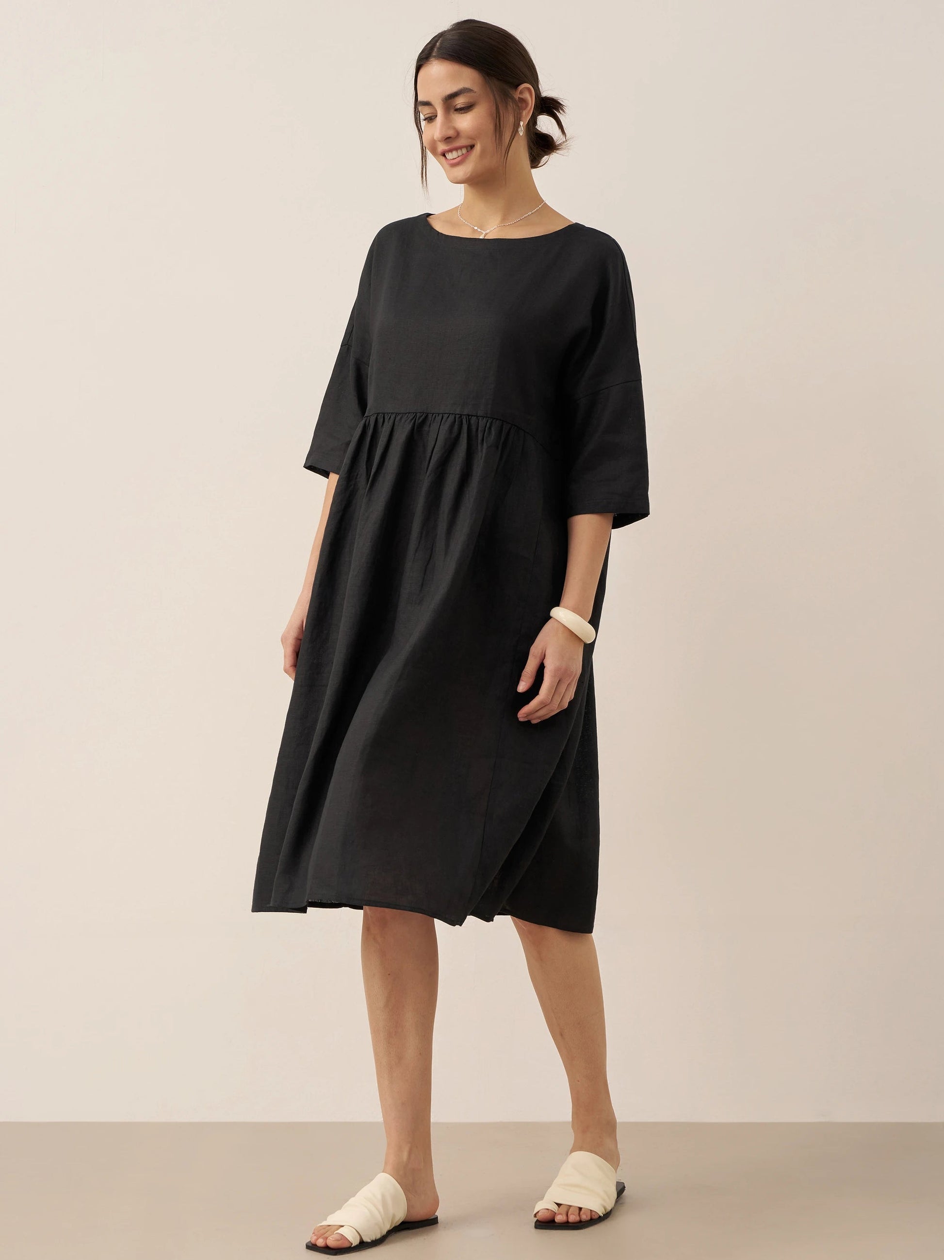 Kurzärmeliges Midi-Leinenkleid für Damen-Midi Dress-Alpenkind