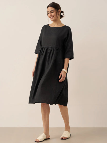 Kurzärmeliges Midi-Leinenkleid für Damen-Midi Dress-Alpenkind