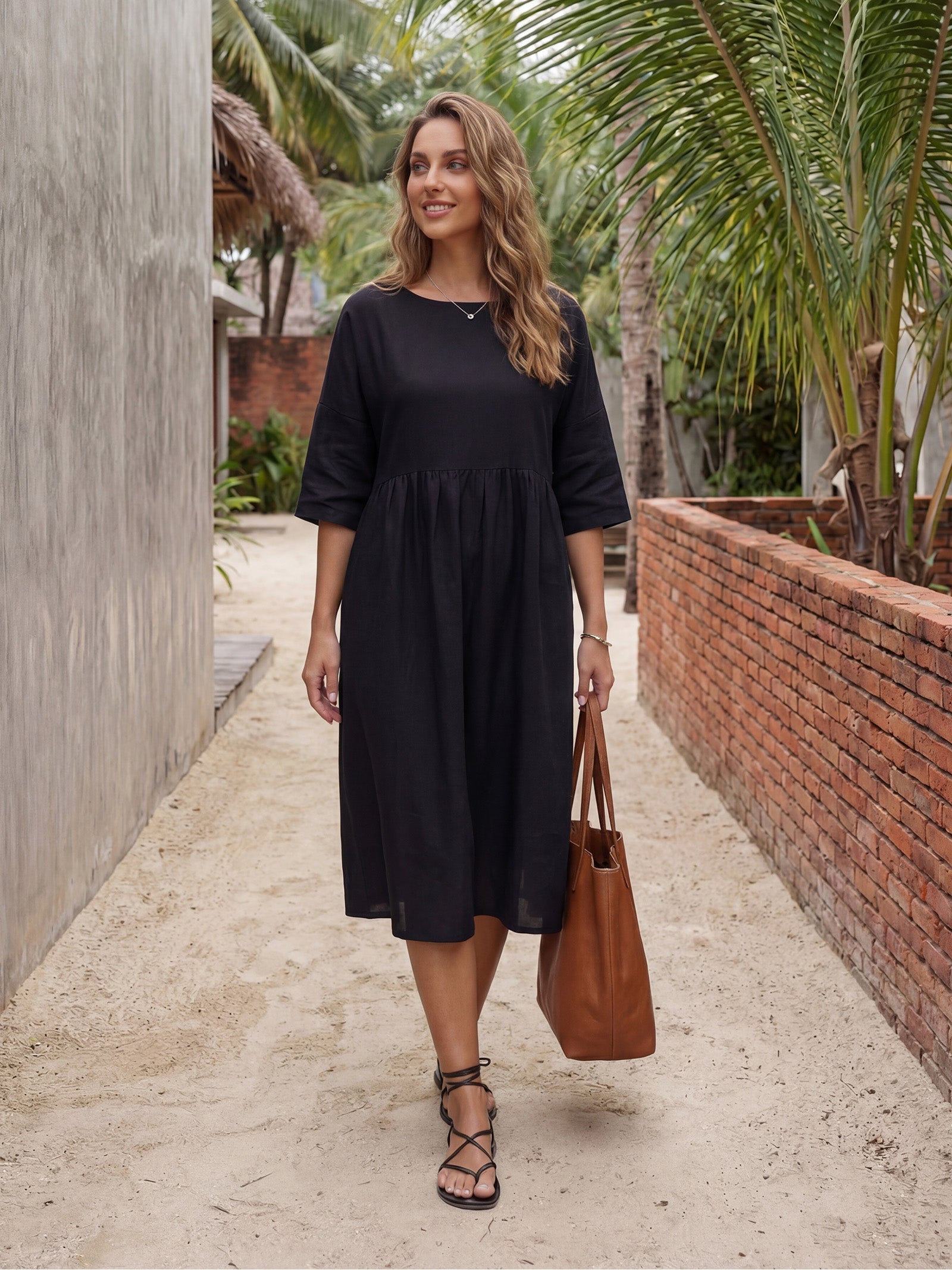 Kurzärmeliges Midi-Leinenkleid für Damen-Midi Dress-Alpenkind