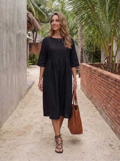 Kurzärmeliges Midi-Leinenkleid für Damen-Midi Dress-Alpenkind