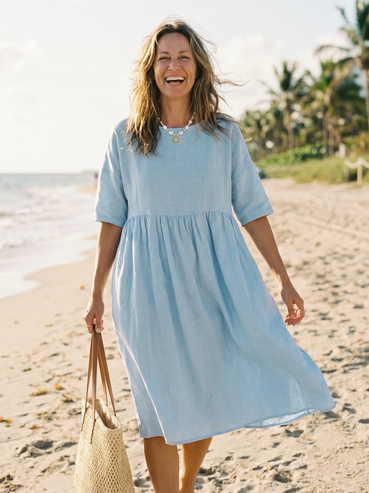 Kurzärmeliges Midi-Leinenkleid für Damen-Midi Dress-Alpenkind