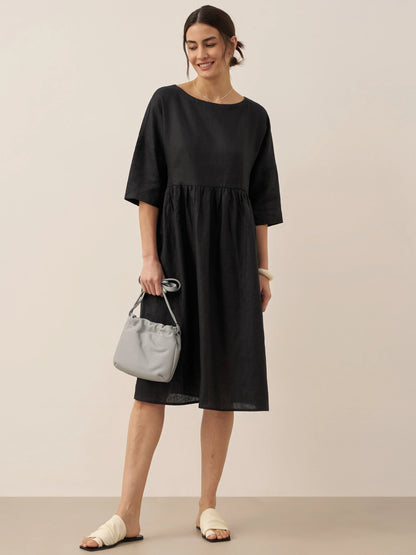 Kurzärmeliges Midi-Leinenkleid für Damen-Midi Dress-Alpenkind