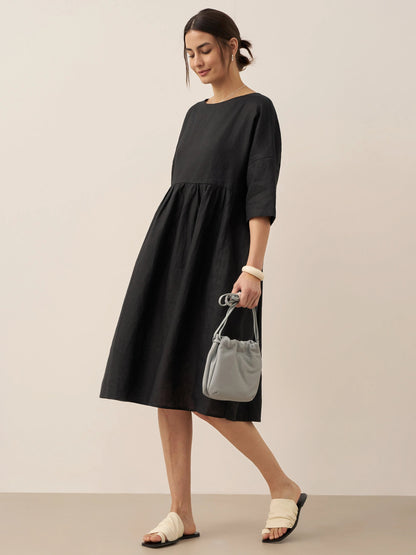 Kurzärmeliges Midi-Leinenkleid für Damen-Midi Dress-Alpenkind