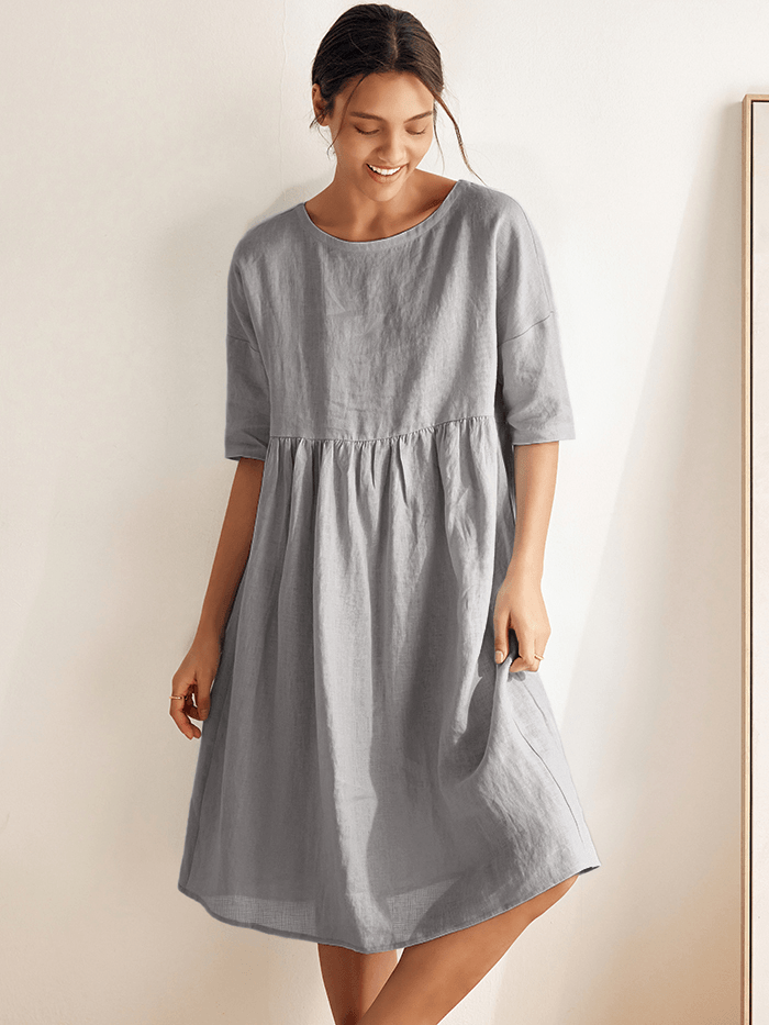 Kurzärmeliges Midi-Leinenkleid für Damen-Midi Dress-Alpenkind