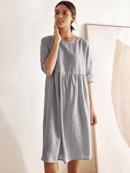 Kurzärmeliges Midi-Leinenkleid für Damen-Midi Dress-Alpenkind