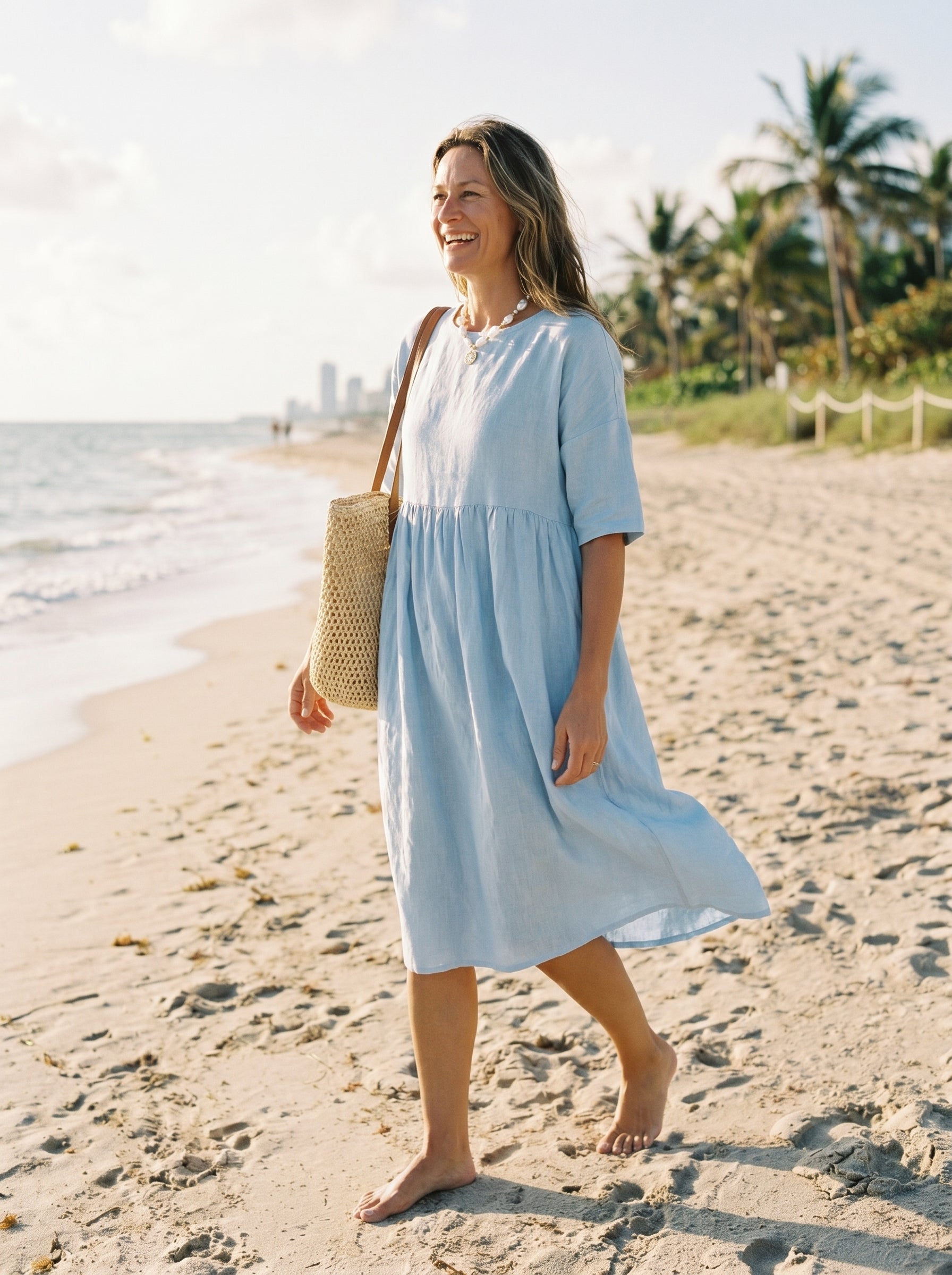 Kurzärmeliges Midi-Leinenkleid für Damen-Midi Dress-Alpenkind
