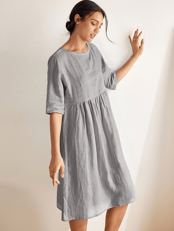 Kurzärmeliges Midi-Leinenkleid für Damen-Midi Dress-Alpenkind