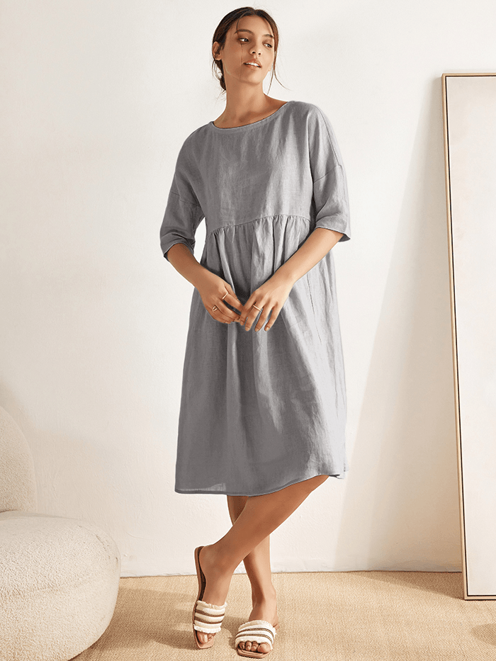 Kurzärmeliges Midi-Leinenkleid für Damen-Midi Dress-Alpenkind