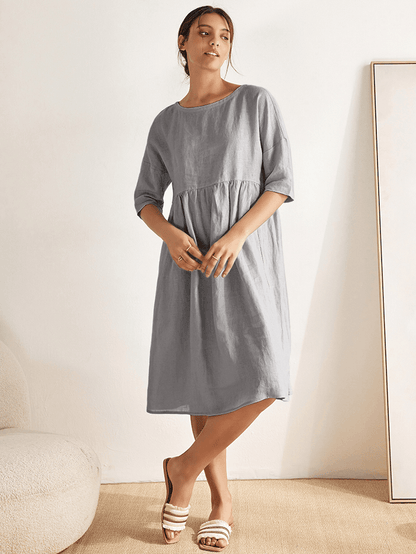 Kurzärmeliges Midi-Leinenkleid für Damen-Midi Dress-Alpenkind