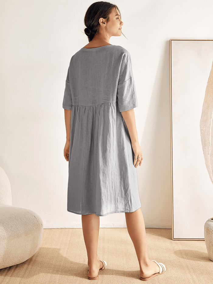 Kurzärmeliges Midi-Leinenkleid für Damen-Midi Dress-Alpenkind