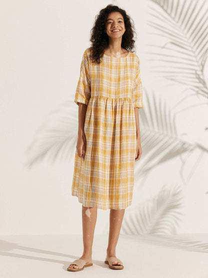 Kurzärmeliges Midi-Leinenkleid für Damen-Midi Dress-Alpenkind