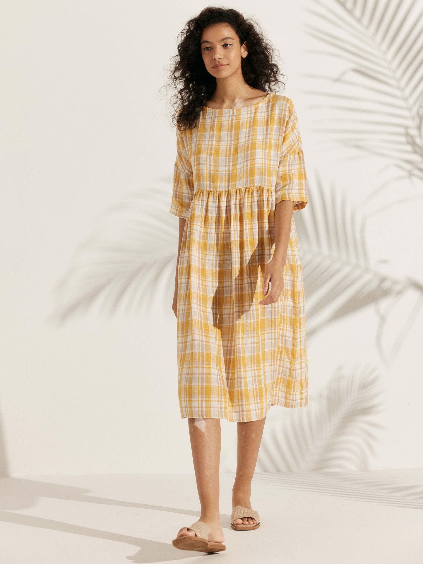 Kurzärmeliges Midi-Leinenkleid für Damen-Midi Dress-Alpenkind