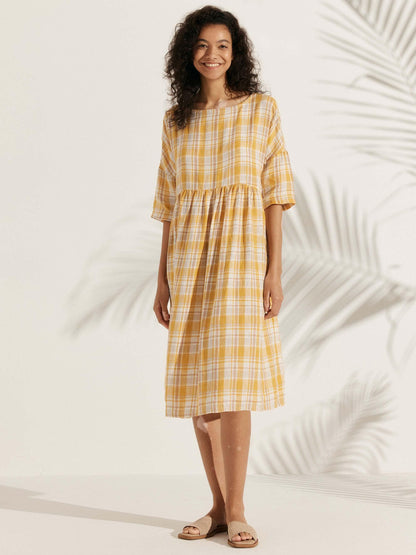 Kurzärmeliges Midi-Leinenkleid für Damen-Midi Dress-Alpenkind