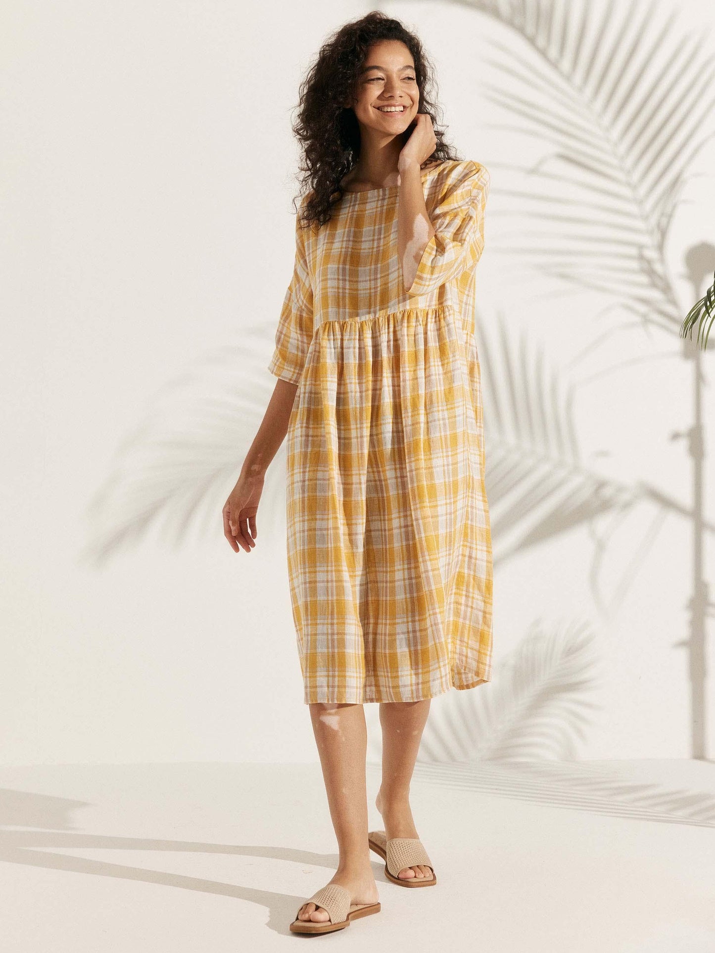 Kurzärmeliges Midi-Leinenkleid für Damen-Midi Dress-Alpenkind