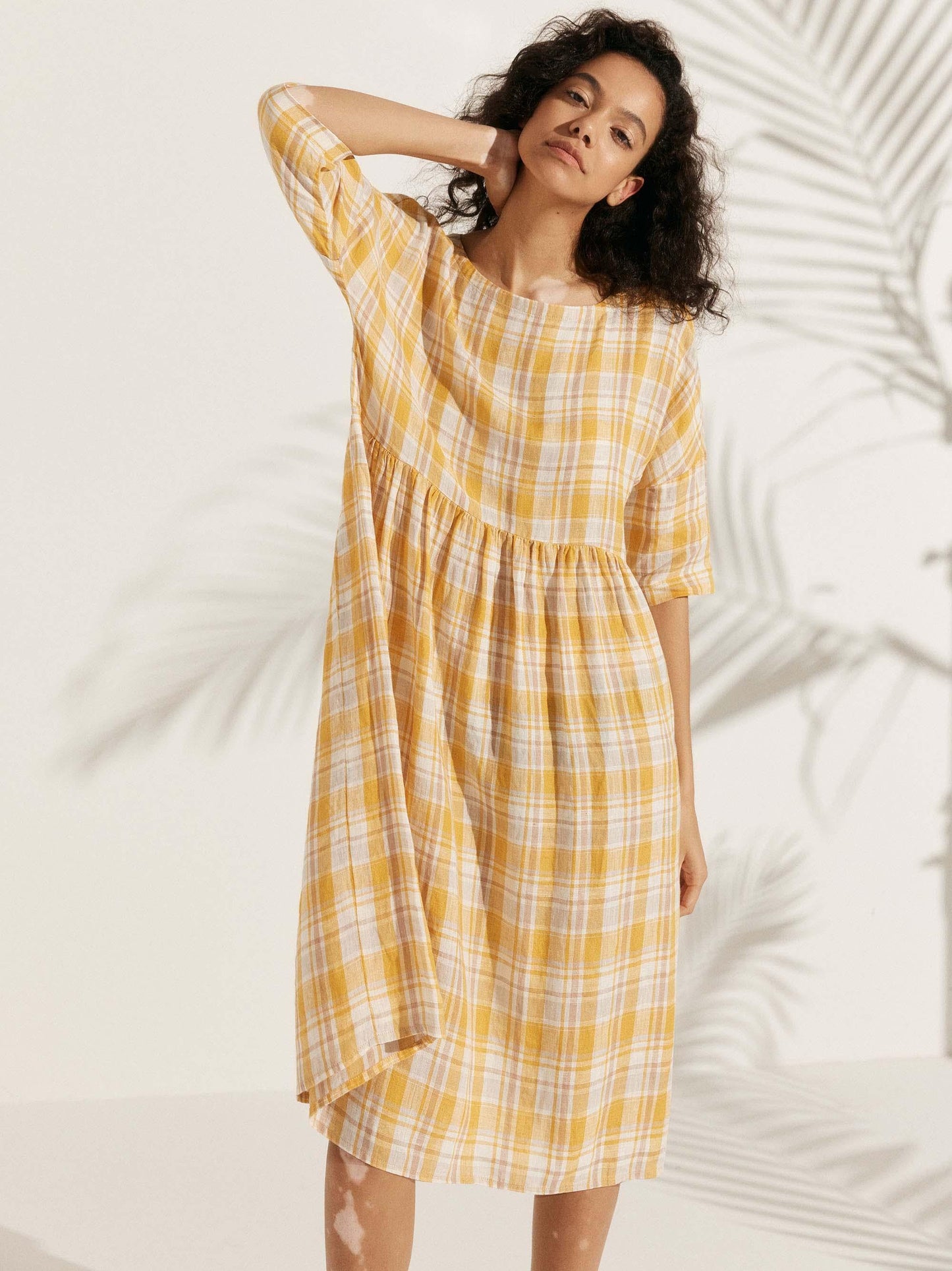 Kurzärmeliges Midi-Leinenkleid für Damen-Midi Dress-Alpenkind