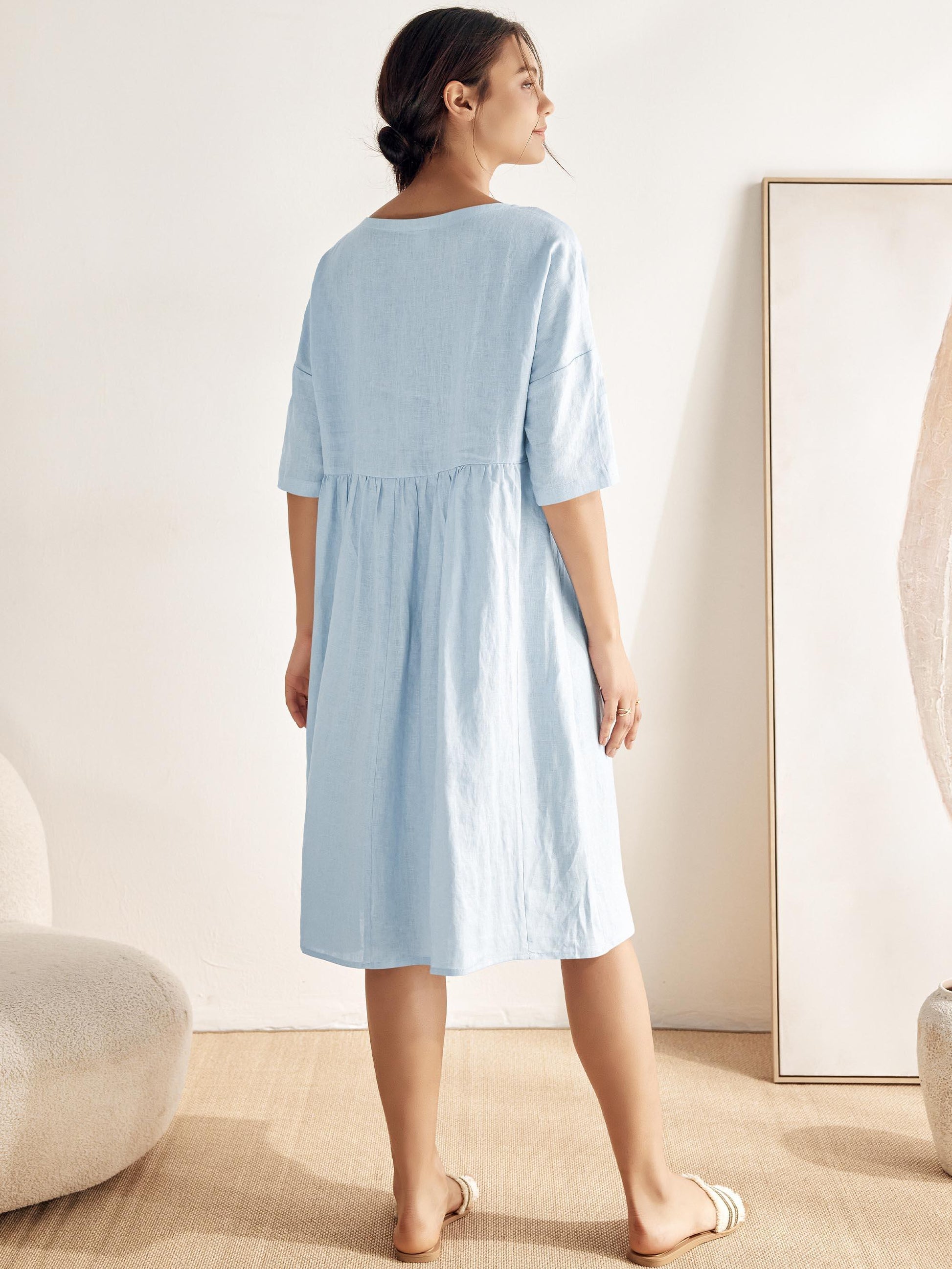 Kurzärmeliges Midi-Leinenkleid für Damen-Midi Dress-Alpenkind