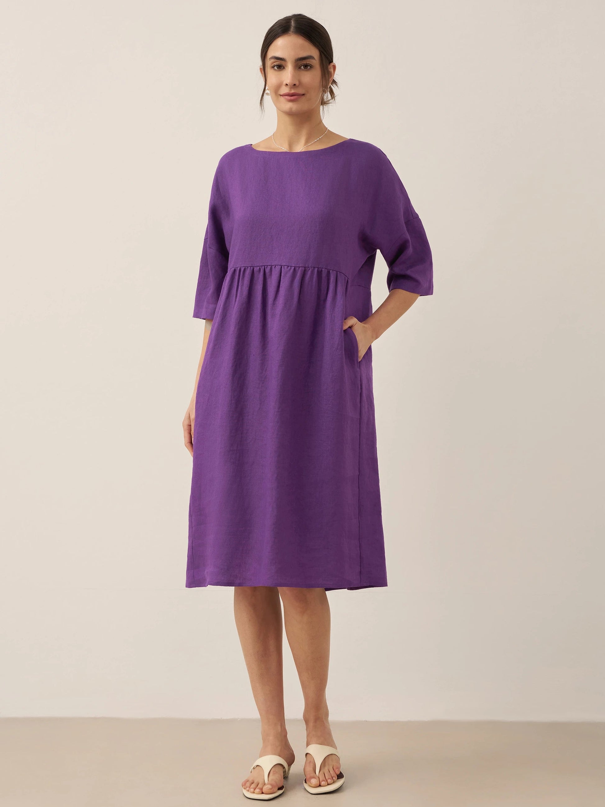 Kurzärmeliges Midi-Leinenkleid für Damen-Midi Dress-Alpenkind