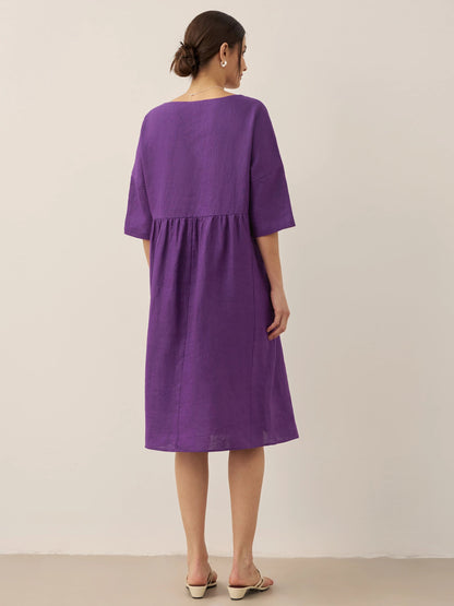 Kurzärmeliges Midi-Leinenkleid für Damen-Midi Dress-Alpenkind