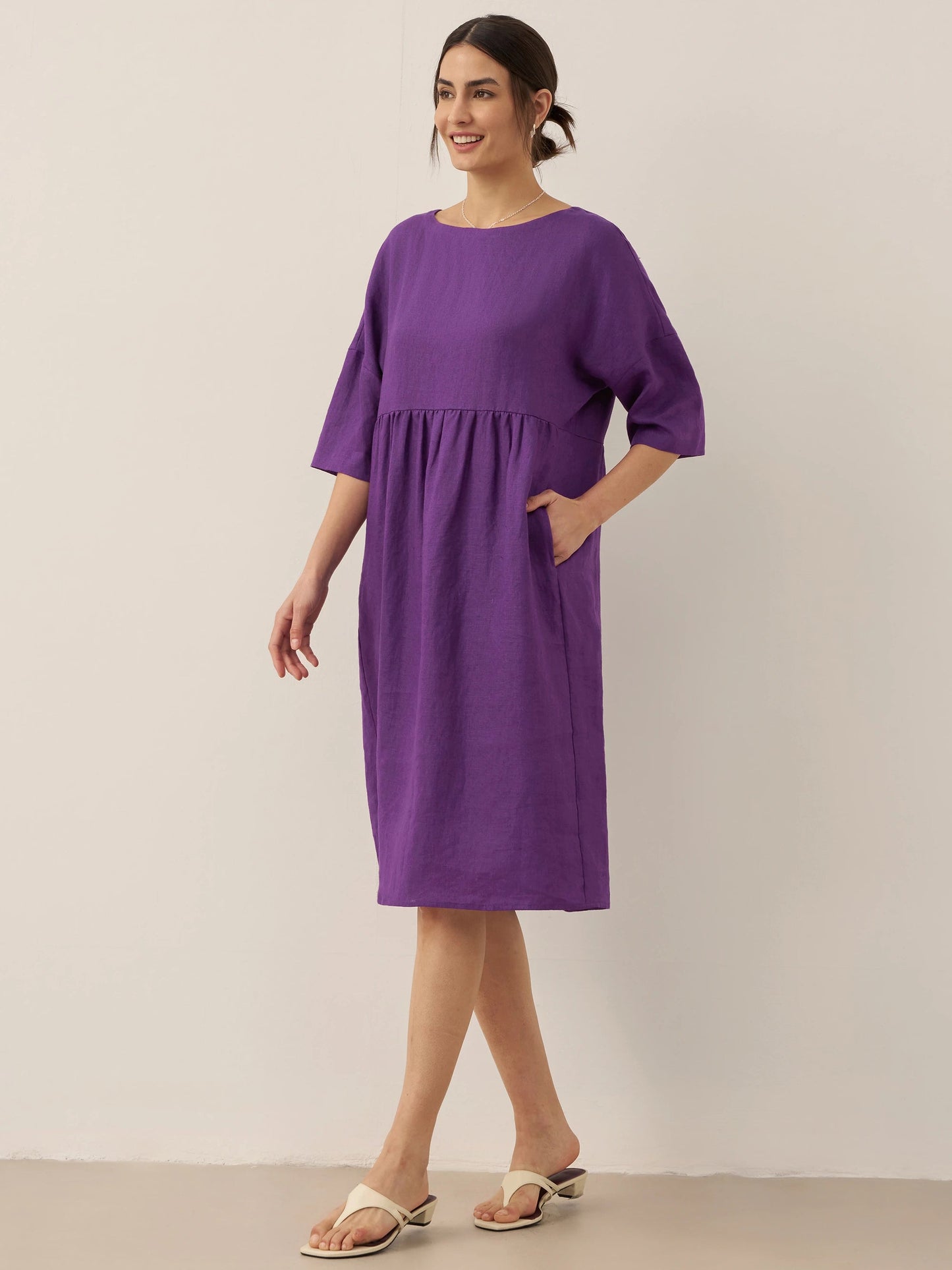 Kurzärmeliges Midi-Leinenkleid für Damen-Midi Dress-Alpenkind