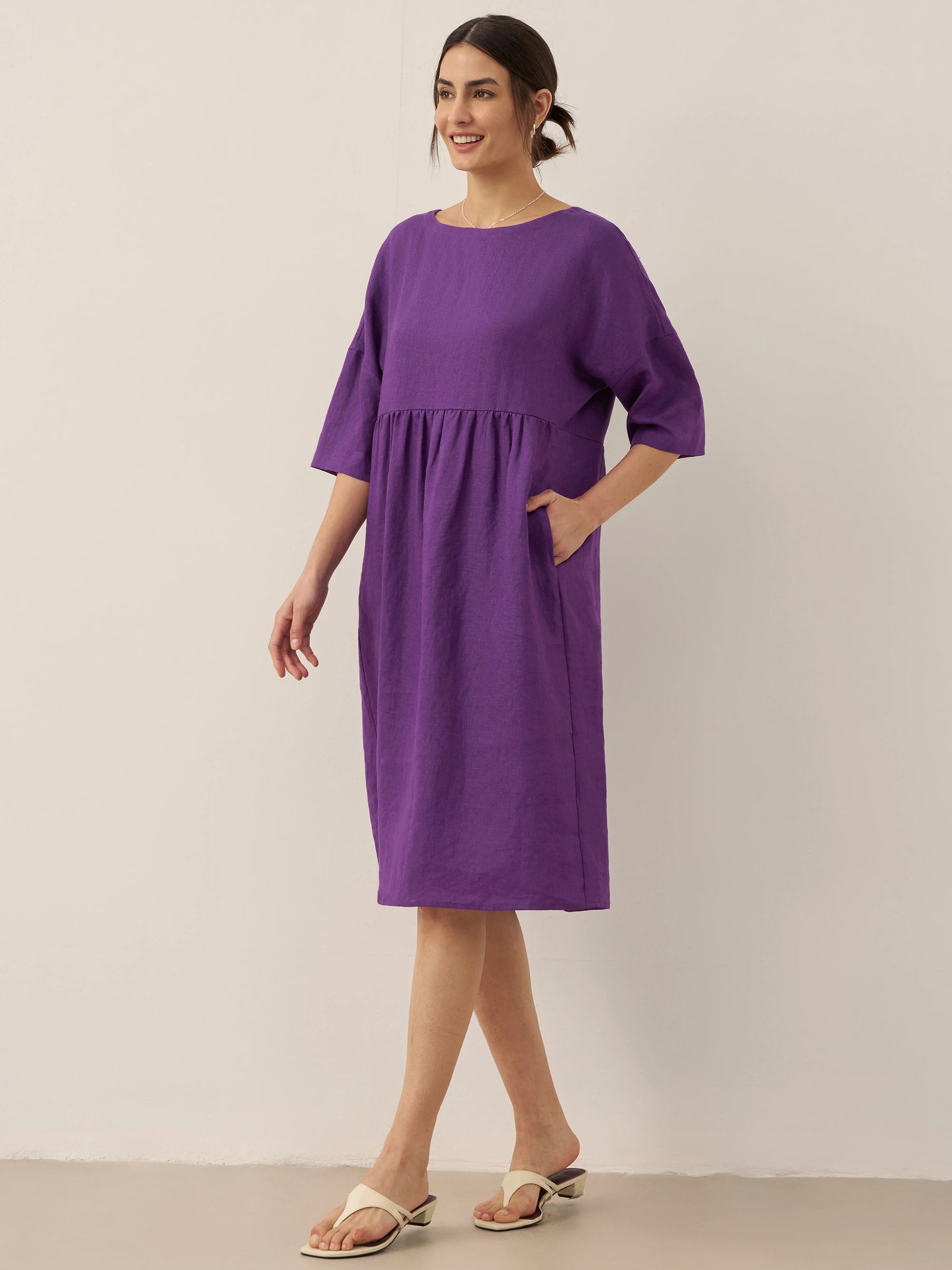 Kurzärmeliges Midi-Leinenkleid für Damen-Midi Dress-Alpenkind