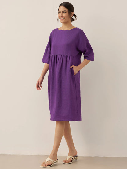 Kurzärmeliges Midi-Leinenkleid für Damen-Midi Dress-Alpenkind