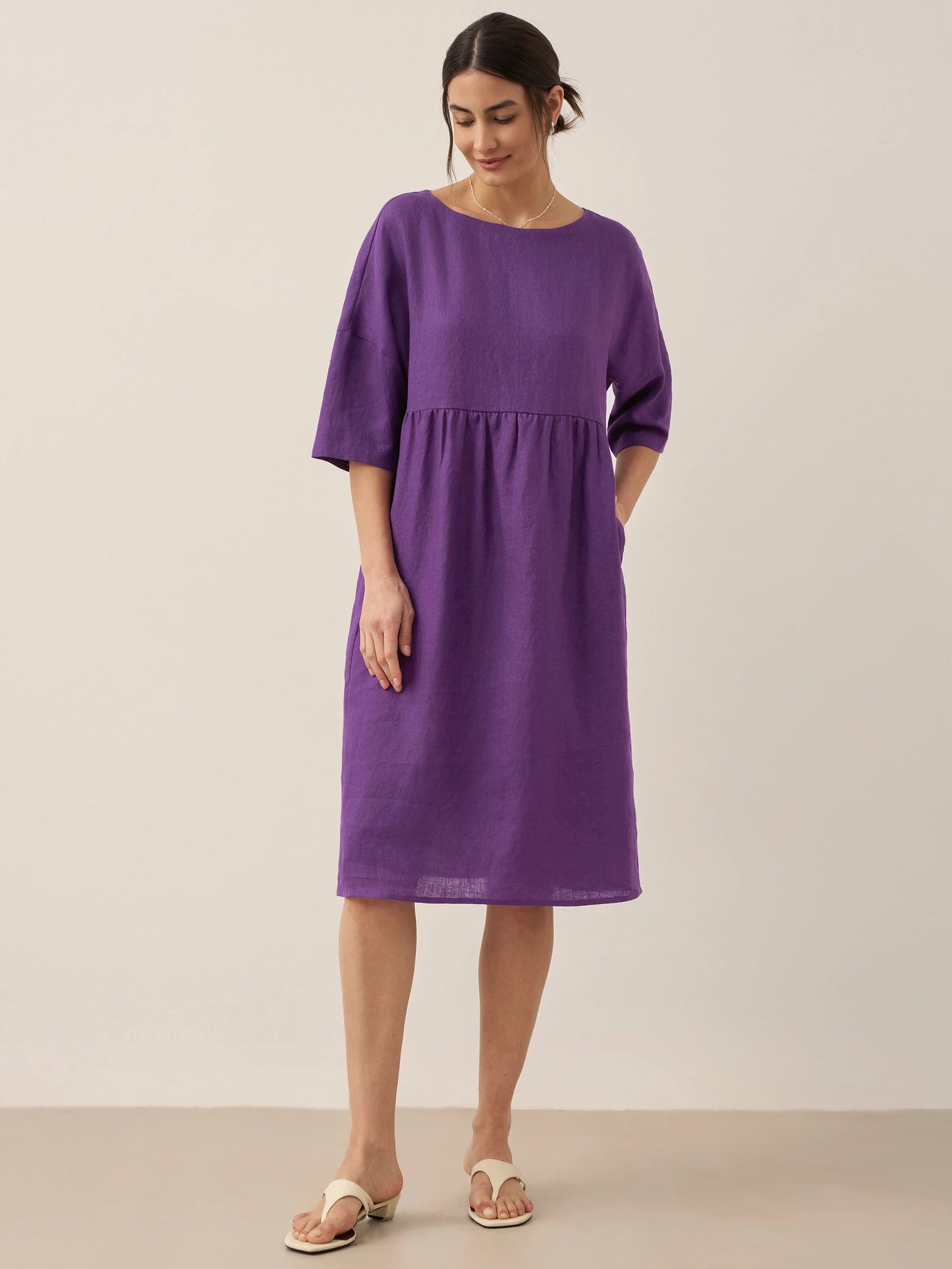 Kurzärmeliges Midi-Leinenkleid für Damen-Midi Dress-Alpenkind