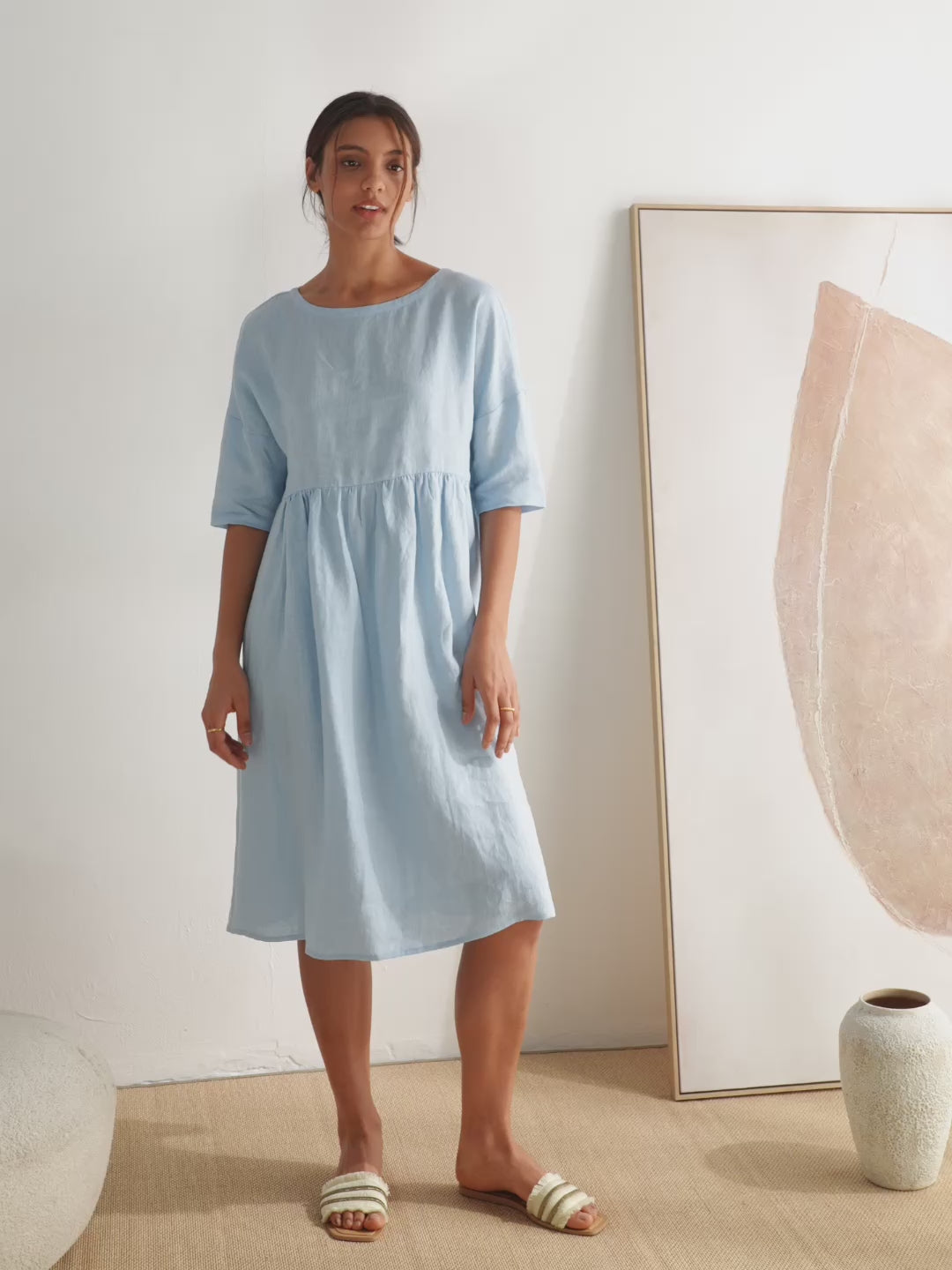 Kurzärmeliges Midi-Leinenkleid für Damen-Midi Dress-Alpenkind