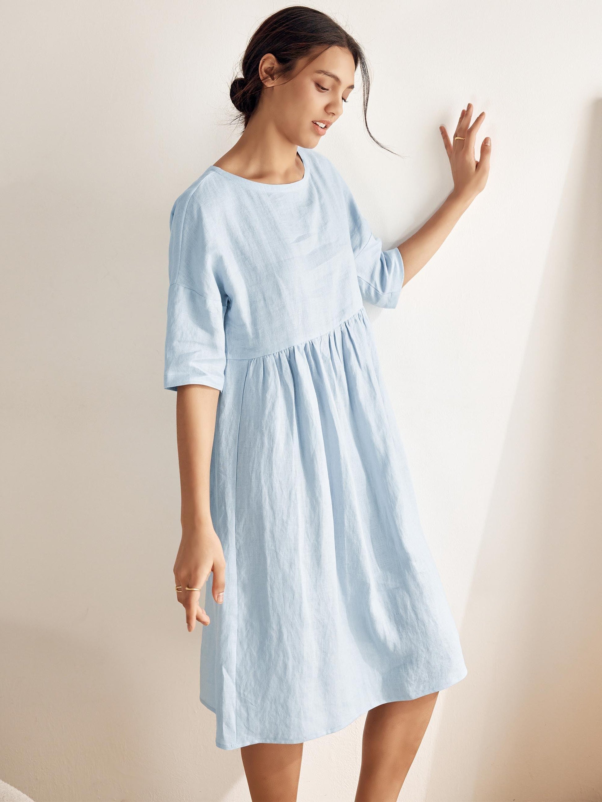 Kurzärmeliges Midi-Leinenkleid für Damen-Midi Dress-Alpenkind