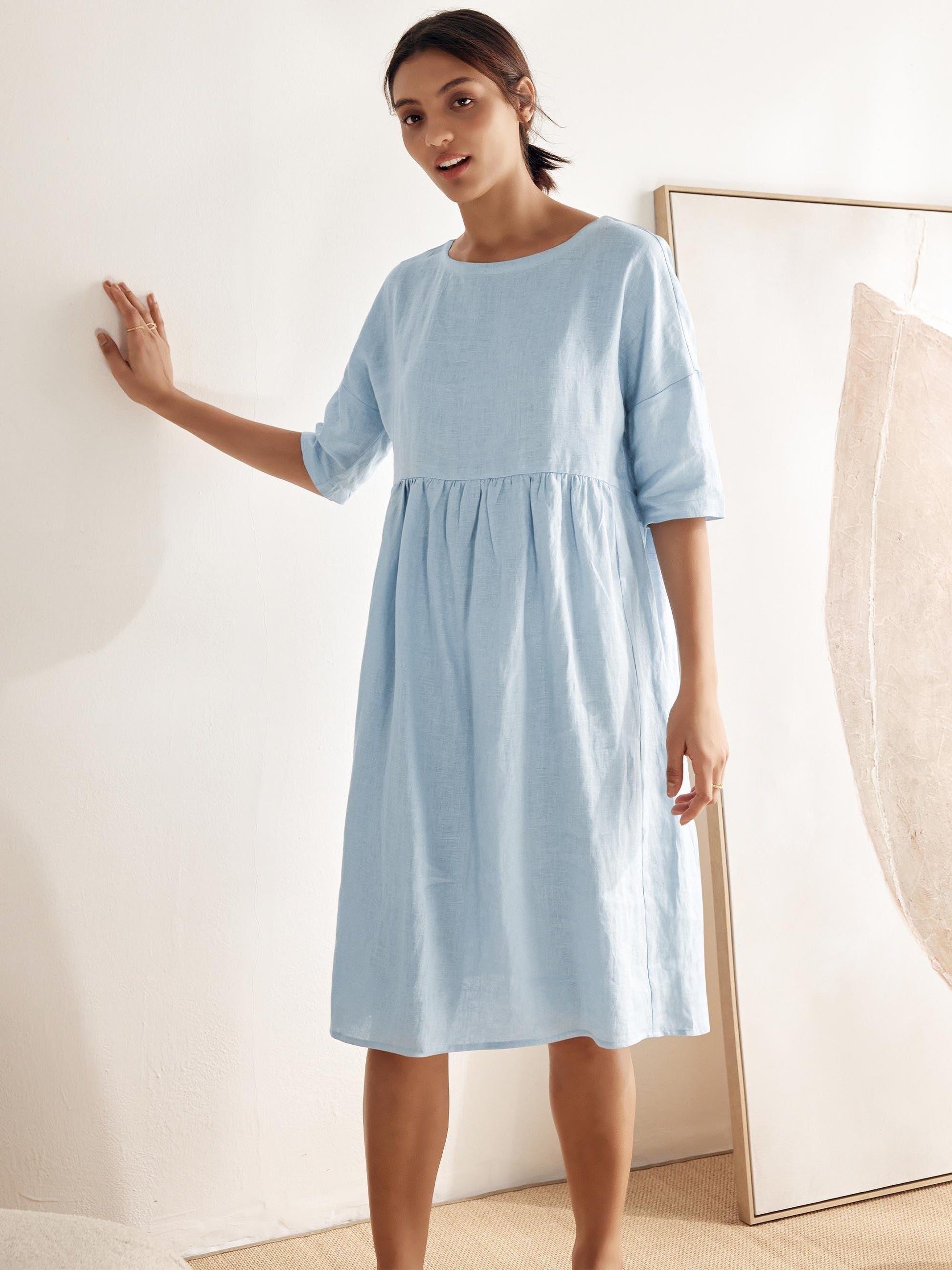 Kurzärmeliges Midi-Leinenkleid für Damen-Midi Dress-Alpenkind