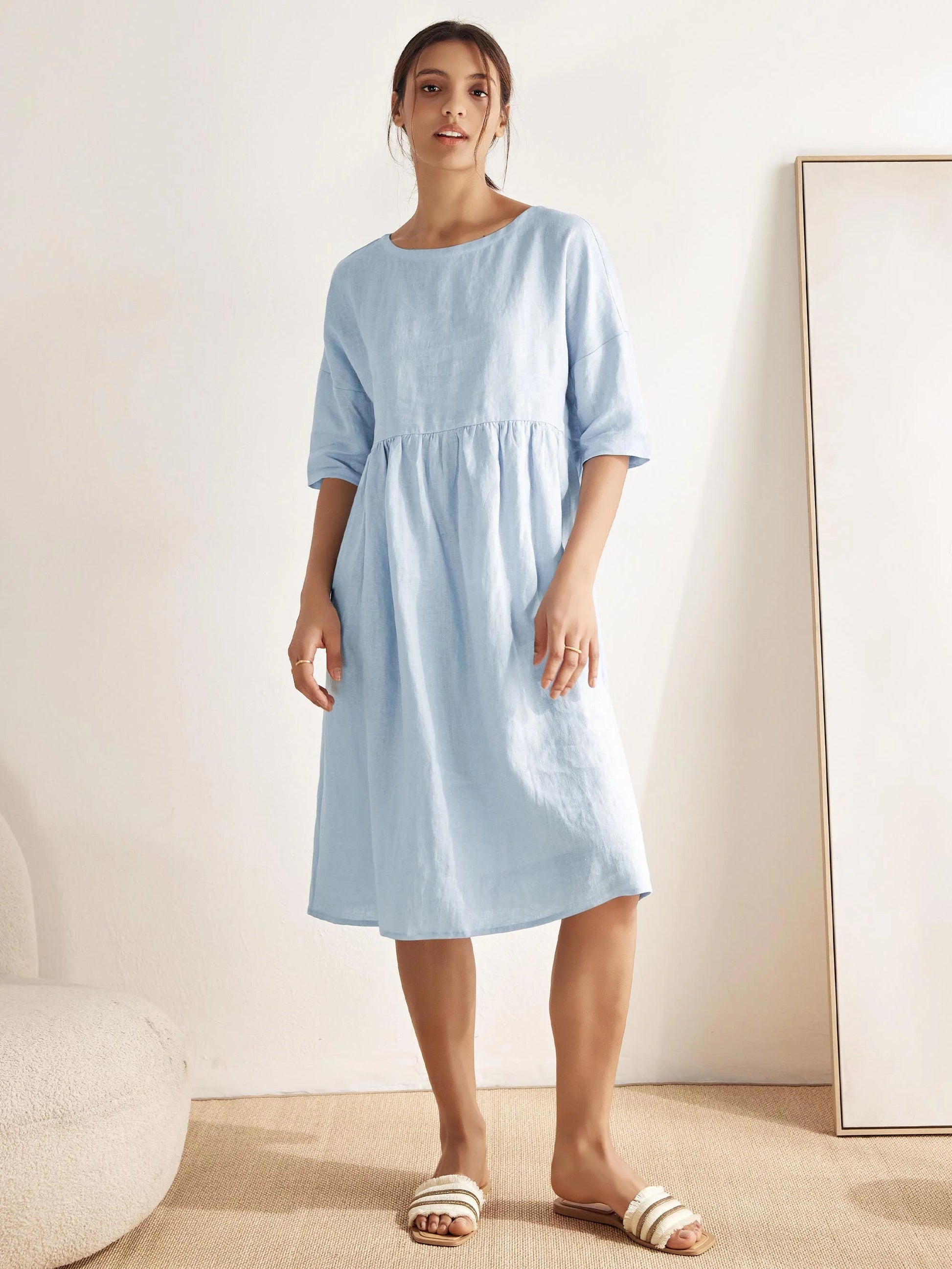 Kurzärmeliges Midi-Leinenkleid für Damen-Midi Dress-Alpenkind
